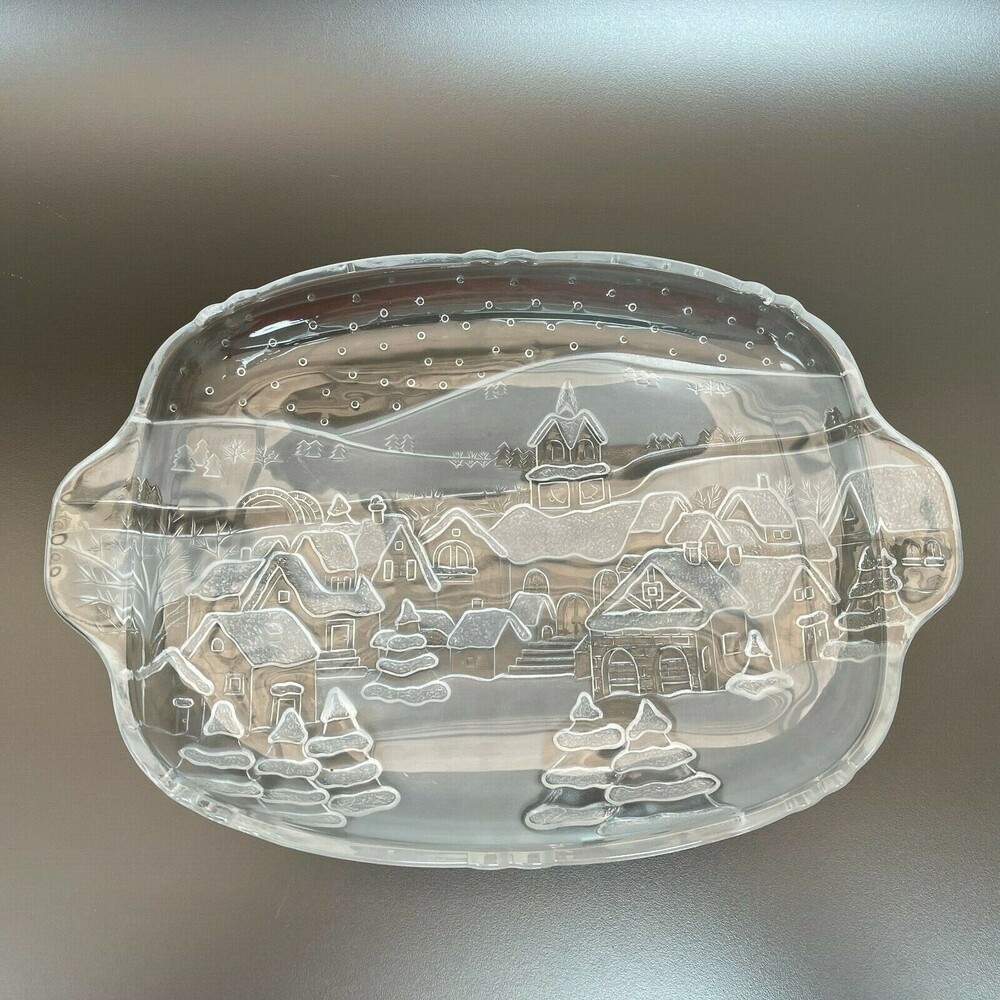 Vintage Christmas Serving Tray Platter Clear Glass with Handles 15 1/4 x 10 3/4